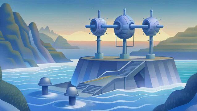 A thoughtfully designed tidal energy farm tucked away in a secluded inlet showcases a multitude of sleek modern devices diligently harvesting