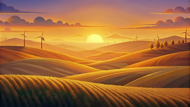 A golden sunset over a rolling landscape where the silhouette of wind turbines can be seen on the horizon standing tall amidst the endless