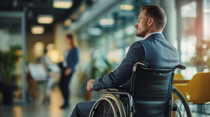 Confident man sitting in a wheelchair in a corporate business environment, inclusion - obrazy, fototapety, plakaty