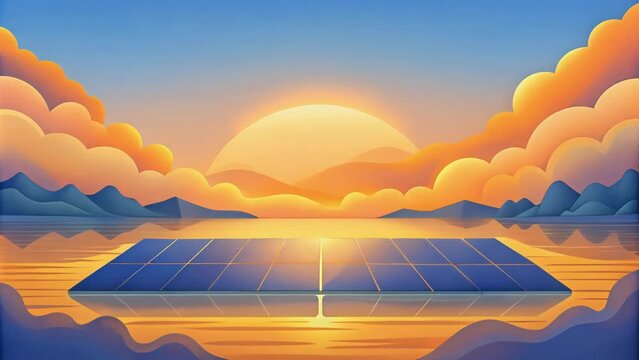 The sun sets behind a blanket of clouds casting a golden light over the solar panels floating on the lake creating a picturesque scene.