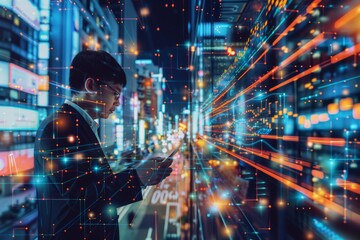 Burning the midnight oil: Man engrossed in his work, typing on a laptop amidst the enchanting cityscape at night
