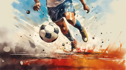Close-up of a football player's legs leading the ball forward. Active lifestyle. Sports competition or training concept. Digital art in watercolor style 