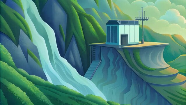 A research center built into the side of a lush green cliff conducts groundbreaking studies on the feasibility of utilizing wave energy as a