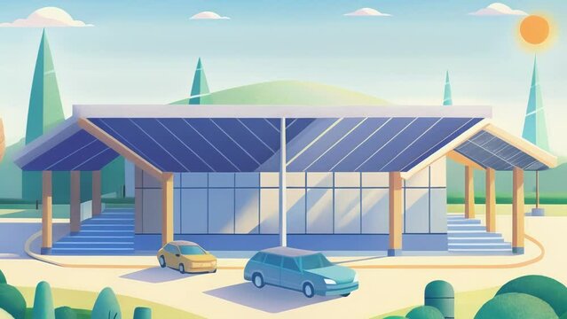 A public library installs solar canopies over its parking lot reducing its carbon footprint and serving as an educational example for the