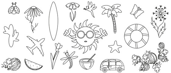 Obraz premium Black and White Summer set. Silhouettes Sun, travel Bus, Palm tree, Aircraft. Summer elements and icons isolated white. Vector illustration can used web banner, poster template design. Editable stroke