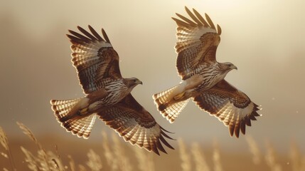 Two common buzzard in flight