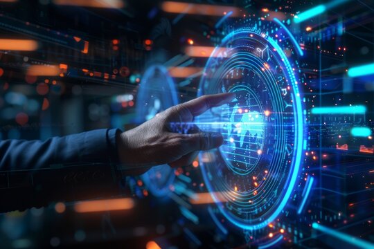 Fascinating data visualization: Person points at a screen adorned with a blue background and an intricate pattern of dots