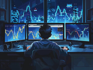 Crypto trader sitting in front of computers with multi-monitor workstation, making professional analysis of candlestick chart. 