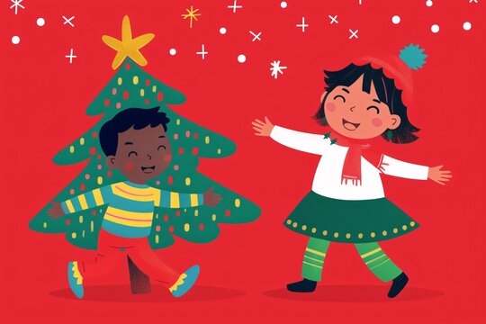 a cartoon of kids dancing around a christmas tree