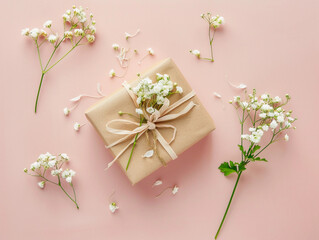Gift box and white fresh flowers on light pink background. Copy space. Congratulating card 
