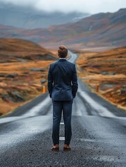 A determined businessperson in formal attire stands at the beginning of a long, winding road that stretches into the horizon, symbolizing the start of a challenging career journey - obrazy, fototapety, plakaty
