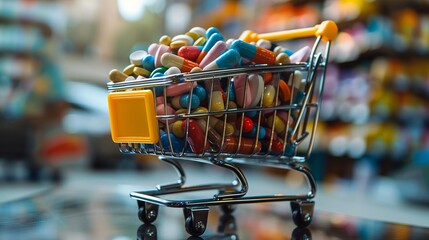 A shopping cart overflowing with a colorful array of pharmaceutical pills and capsules, reflecting the modern phenomenon of purchasing medications from online pharmacies