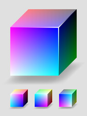 Vector color cube with magenta and cyan gradients, representing a part of RGB color space. 4 different views