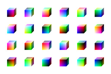 Vector cubes with color gradients, representing parts of RGB color space. 24 different views