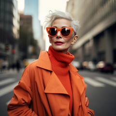 image of beautiful elegant stylish elderly senior woman wearing trendy orange jacket and sunglasses against blurred city 