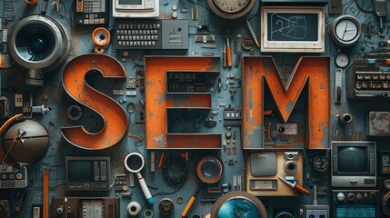A captivating collage artwork symbolizing Search Engine Marketing SEM using cutout letters spelling out SEM surrounded by images of computer screens, search bars, and magnifying glasses - obrazy, fototapety, plakaty