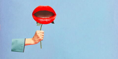 Poster. Contemporary art collage. Female hand hold flower with lips with red lipstick instead of...