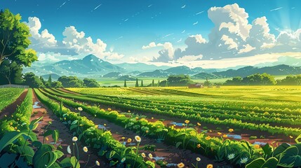 Illustrate a vibrant scene of regenerative agriculture, with fields of healthy crops growing in rich, fertile soil and surrounded by diverse plant and animal species