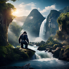 beautiful waterfall and king Kong - obrazy, fototapety, plakaty
