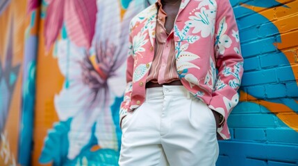 Fototapeta na wymiar an african american man posing in pink shirt and trousers and colorful jacket with floral pattern. He is standing against a colorful wall