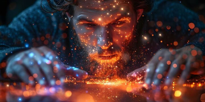 A businessman using online project management software to update and track progress with a holographic chart. Concept Business Management, Online Tools, Holographic Charts, Progress Tracking