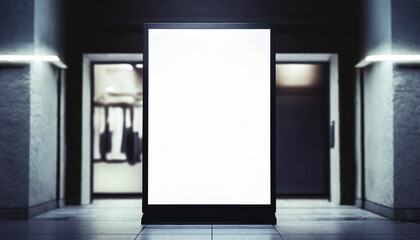 Mockup, billboard on a shop entrance. White isolated screen. Night shot. Dark background. Blank space for your design. Illustration.