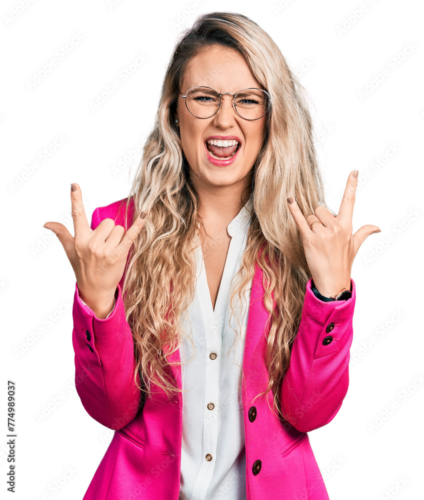 Poster Young blonde woman wearing business style and glasses shouting with crazy expression doing rock symbol with hands up. music star. heavy concept.