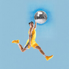Poster. Contemporary art collage. Young athlete man, player playing disco ball as basketball ball against blue background. Concept of inspiration, surrealism, fashionable. Pop art.