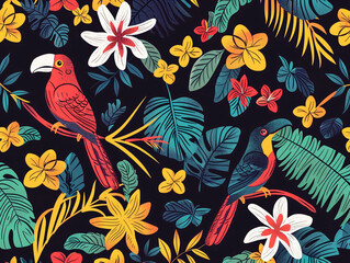 Seamless pattern background with organic forms and vibrant colors of tropical rainforests with birds and flowers 