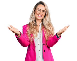 Young blonde woman wearing business style and glasses looking at the camera smiling with open arms for hug. cheerful expression embracing happiness.
