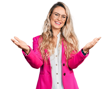 Young blonde woman wearing business style and glasses looking at the camera smiling with open arms for hug. cheerful expression embracing happiness.