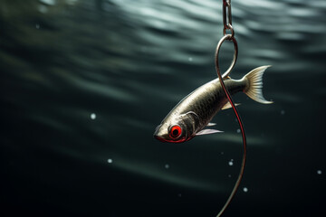 a fish hook in the water, in the style of verdadism, tenwave сreated with Generative Ai