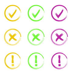 Check mark or done and yes signs, cross warning or wrong, exclamation and attention sign symbol vector.