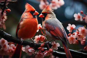 Beautiful cardinals enjoying the garden atmosphere, their vivid red plumage standing out amidst the greenery in a stunning, detailed photograph.