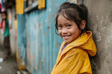 Portrait of little Asian child girl smiling and looking at camera outdoors.