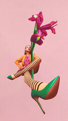 Poster. Contemporary art collage. Surreal image of woman with striped tights, high heels and...