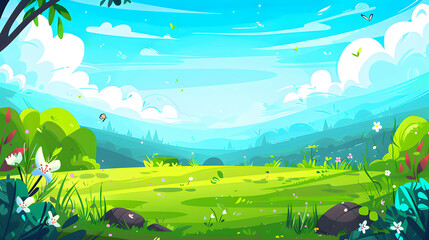 Bright and colorful cartoon valley filled with flowers, butterflies, and a clear blue sky.
