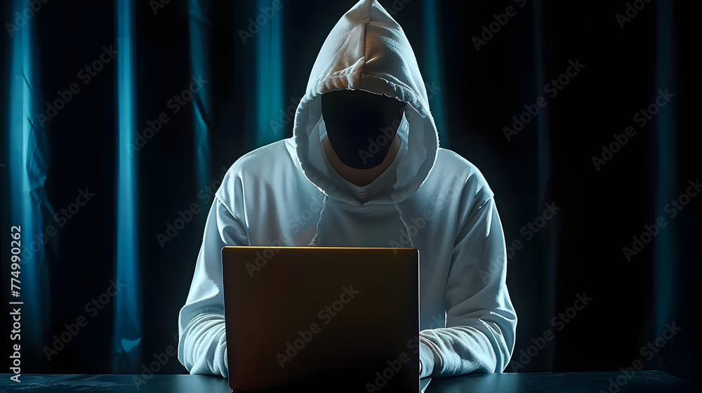 Canvas Prints Anonymous hacker with white hoodie typing computer laptop. Concept of ethical hacking. 