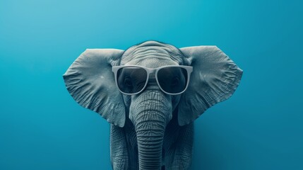Portrait of an elephant wearing sunglasses, on a blue background.