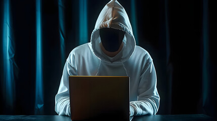 Anonymous hacker with white hoodie typing computer laptop. Concept of ethical hacking. 