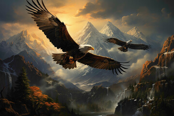 Regal eagles soaring above a garden landscape, their majestic wingspan and powerful presence captured in a breathtaking high-definition moment. - Powered by Adobe