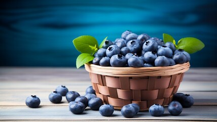 Blueberries in a basket on a wooden table