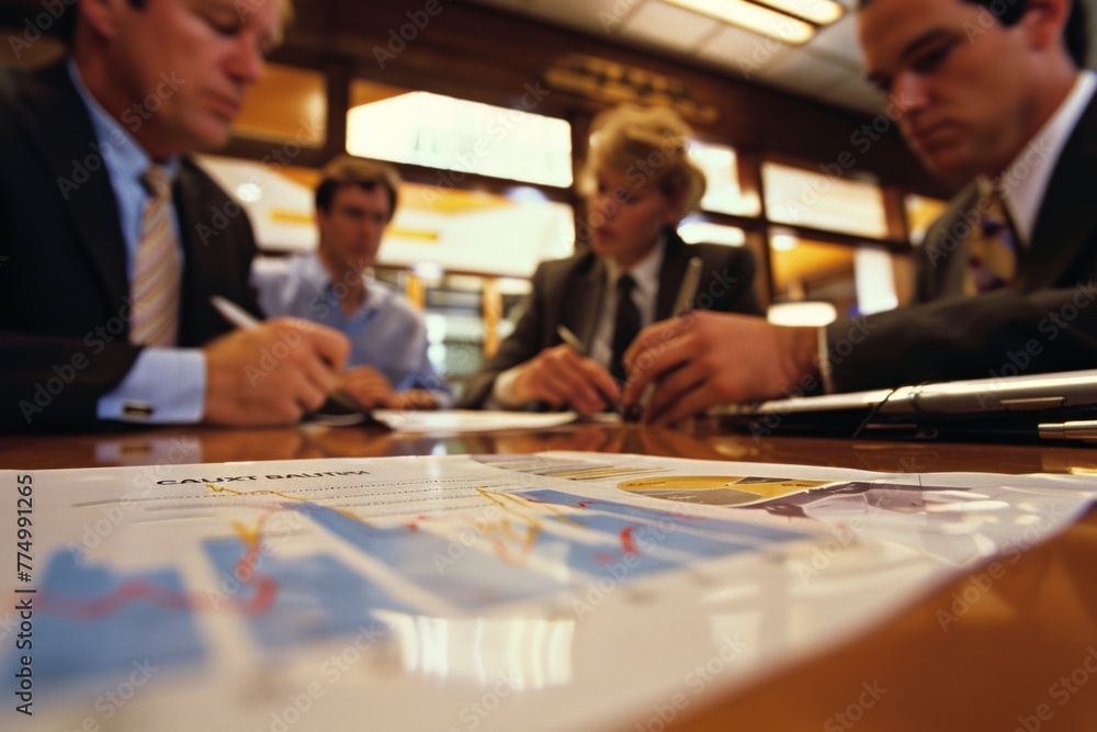 Poster data-driven discussions: group of individuals engaged in a meeting, analyzing papers and graphs on a