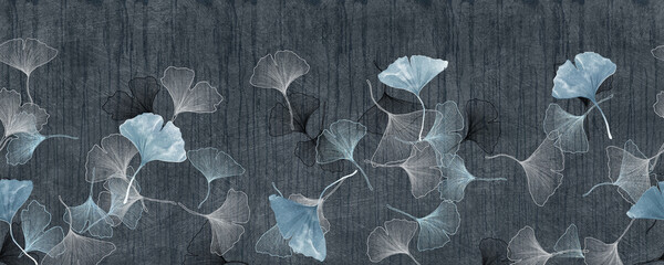 Luxury black and white background with ginkgo leaves.	
