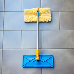 top view Mop cleaning dirty tiled floor to shiny. Household, Detergent Or Cleaning background сreated with Generative Ai