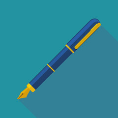 Blue and gold pen isolated on a blue background with long shadow (flat design)