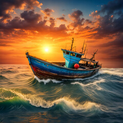 Fototapeta premium fishing boat at sunset