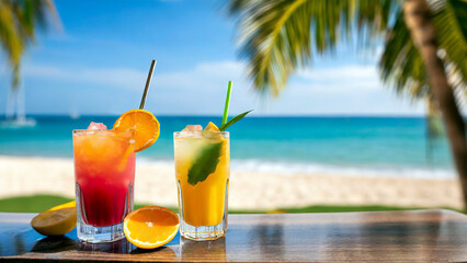 Cocktails on a tropical beach with palm trees and blue sky - 774991642