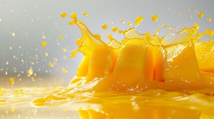 Vibrant splash of mango juice with diced mango pieces on a gray background