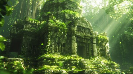 Ancient ruins in jungle, photorealistic moss and stone, vibrant greenery, sunlight ,3DCG,high resulution,clean sharp focus